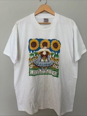 VTG‎ Oneita Single Stitch White Sunflower Graphic T‑Shirt Granny Core XL